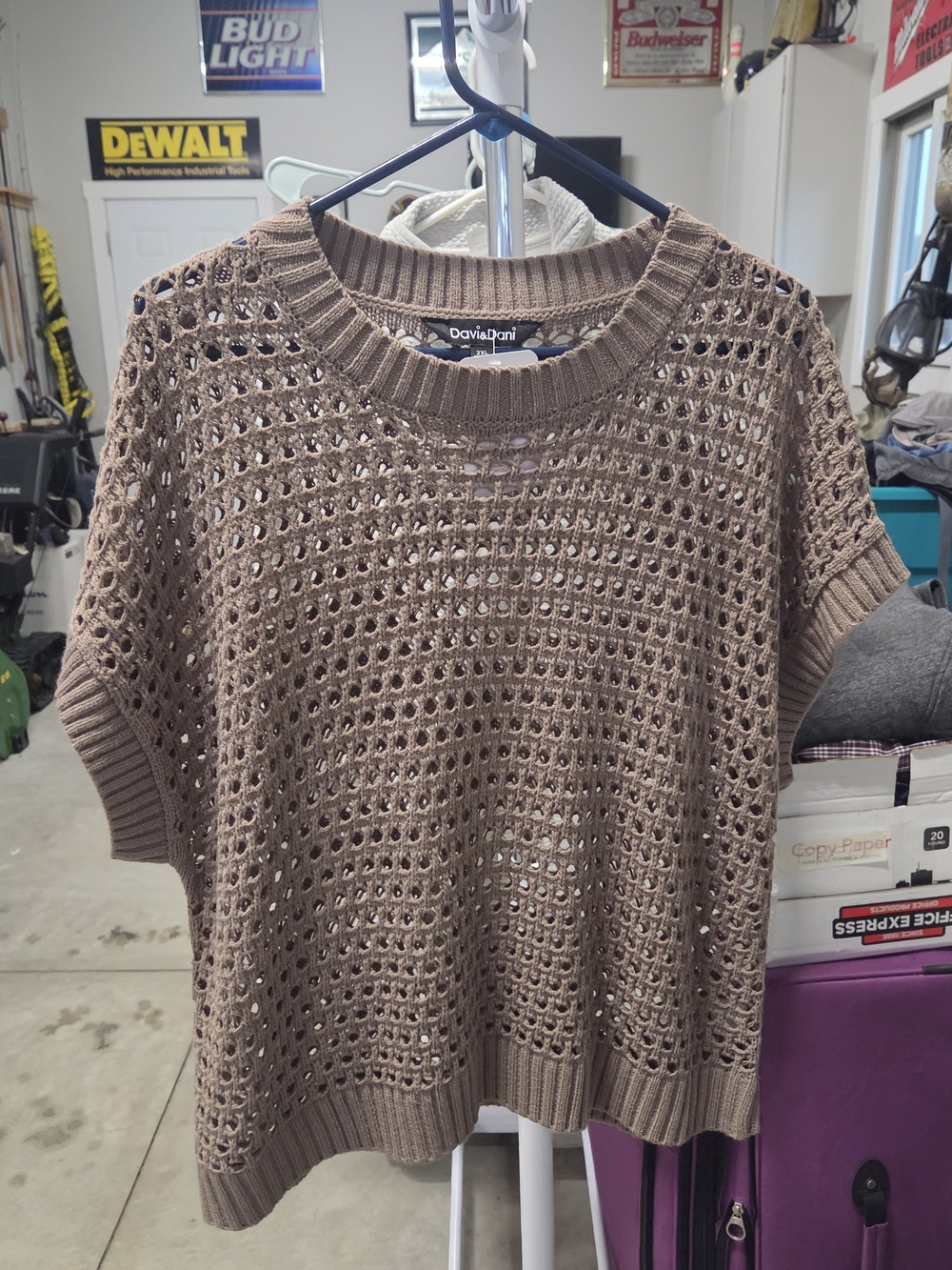 Davi & Dani Taupe Open-Weave Short-Sleeve Crewneck Sweater